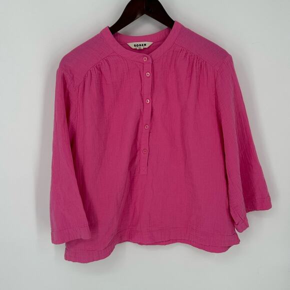 Boden Wide Sleeve Cheesecloth Top Textured Gauze Henley Crinkle Pink Size 12 - Picture 1 of 10